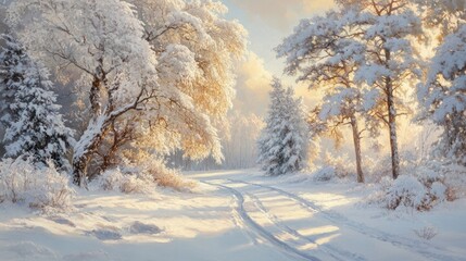Obraz premium A serene winter landscape with snow-covered trees and a winding path.