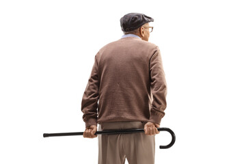 Rear view shot of an elderly man standing and holding a cane behind his back