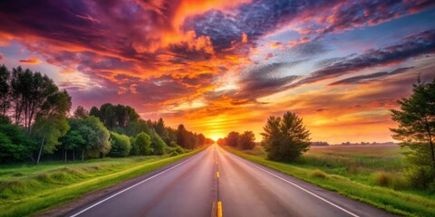 A scenic road winding through a lush green landscape with a vibrant sunset painting the sky in shades of pink, orange, and yellow.