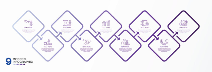Infographic process design with icons and 9 options or steps.