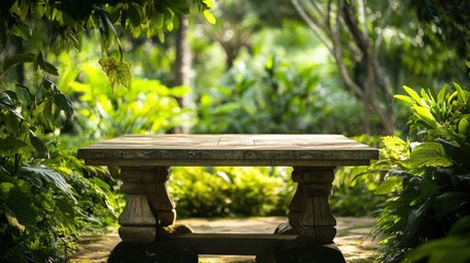 Naklejka premium serene wooden table surrounded by lush greenery