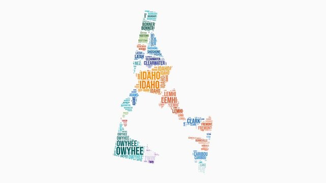 Idaho counties word cloud animation. State logo animated video. Idaho colored text cloud. Counties typography style motion graphics. Trending video.