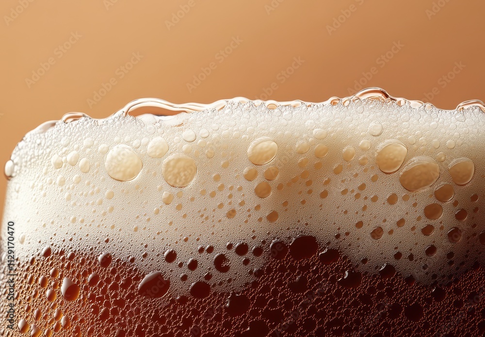 Poster close-up view of cold beverage foam with bubbles on brown background capturing refreshing and inviti