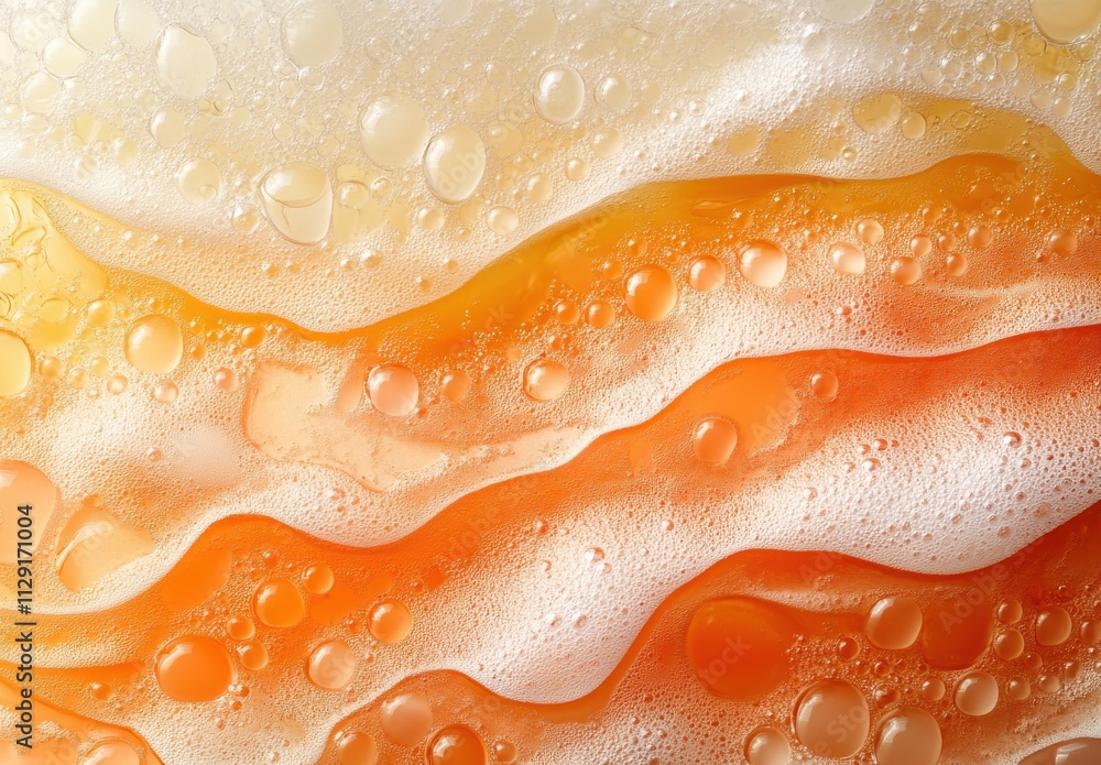 Poster close-up view of effervescent liquid bubbles with vibrant orange swirls and creamy foam on a glossy 