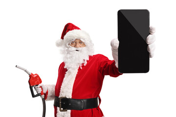 Santa Claus holding a fuel injection gun and a smartphone