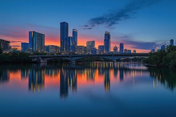 Obraz premium stunning city skyline at sunset with reflections on water