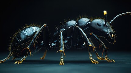 A single black ant, highly detailed with visible body segments and legs, isolated against a clean white background