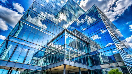 Fototapeta premium Modern glass building reflecting clouds in a vibrant blue sky, showcasing contemporary architecture and urban design.