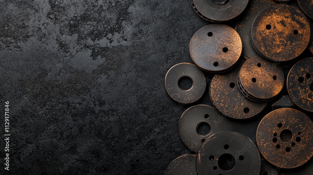 Poster dark metallic brake pads and discs are grouped together on a textured surface, providing a clear are