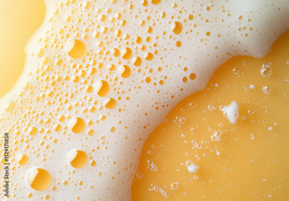 Poster close-up view of golden beer foam with bubbles and texture, capturing the refreshing essence of a qu