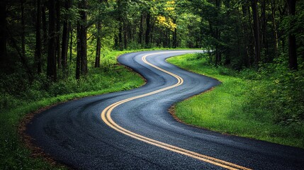 Obraz premium Winding Road Through Lush Green Forest
