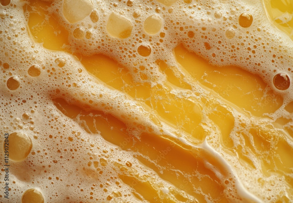 Poster close-up view of golden yellow liquid with bubbling foam creating an abstract texture ideal for food
