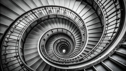 Fototapeta premium A spiral staircase with intricate railings, creating a dynamic and visually engaging architectural structure in monochrome tones.