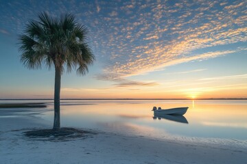 serene sunset over calm waters with a boat and palm tree