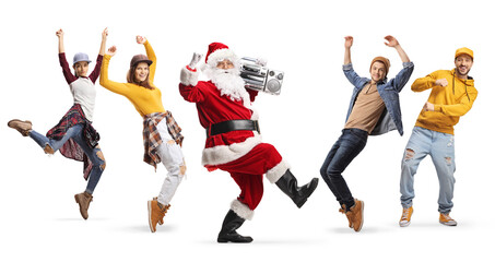 Santa claus with a boombox dancing with young men and women