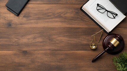 Flat lay of judge's gavel, book, glasses, scales of justice on wooden desk.