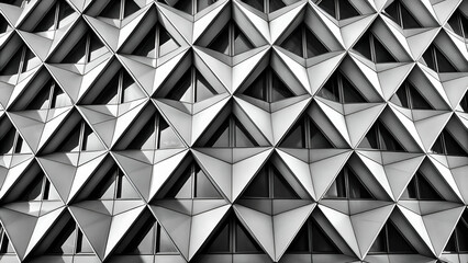 Textured geometric façade with triangular patterns in monochrome, showcasing modern architectural design.