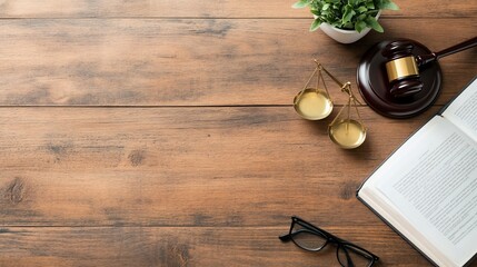 Overhead view of judge's gavel, scales, book, glasses, and plant on wooden desk.