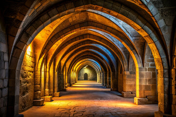 Fototapeta premium A stunning arched corridor with warm lighting, showcasing intricate stonework and creating a mysterious, inviting atmosphere.