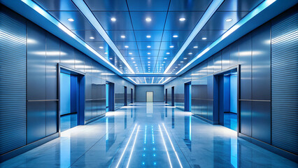 A modern, illuminated corridor with sleek elevators and a glossy floor, featuring blue lighting that creates a futuristic atmosphere.