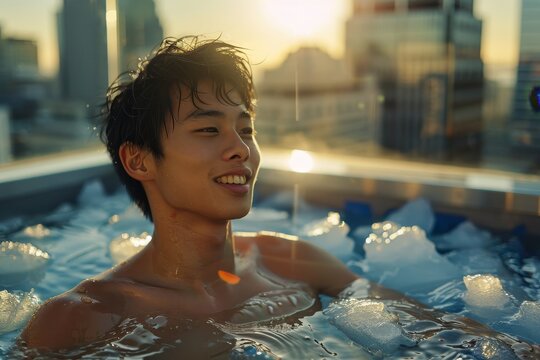 A young Asian athlete sits in an ice bath on a high-rise balcony. The sprawling cityscape behind glows in the soft evening light, with long shadows creating a serene yet dynamic atmosphere. - Powered by Adobe