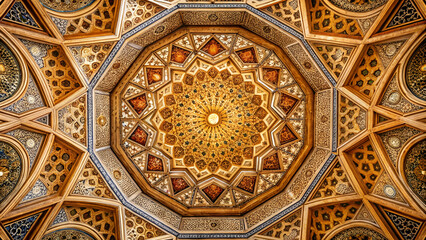 Obraz premium Exquisite ceiling with intricate geometric patterns and rich colors, showcasing traditional craftsmanship and architectural beauty.