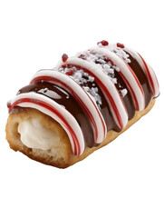 eclair coated with glossy red and white candy cane-striped icing. The interior shows a hint of vanilla cream filling. 