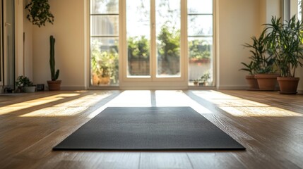Obraz premium A serene yoga space with a mat, sunlight, and plants, promoting relaxation and mindfulness.