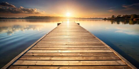 Fototapeta premium A wooden dock extends into a serene lake with a breathtaking sunset over the water, showcasing the beauty of nature's tranquil moments.
