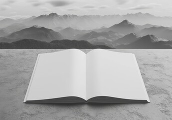 Open blank book on table with mountain background.