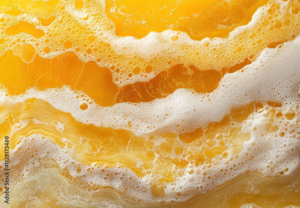 Poster close-up view of vibrant orange and yellow soap bubbles with smooth waves and bubbles creating an ab