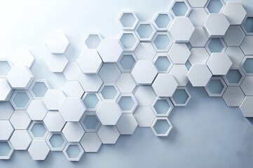 Modern abstract background featuring a dynamic arrangement of white hexagonal shapes on a light blue surface.