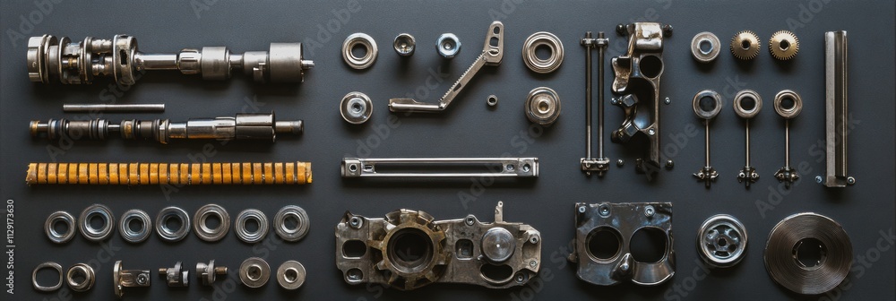 Poster detailed arrangement of car engine parts including pistons, gears, and valves on a dark surface, off