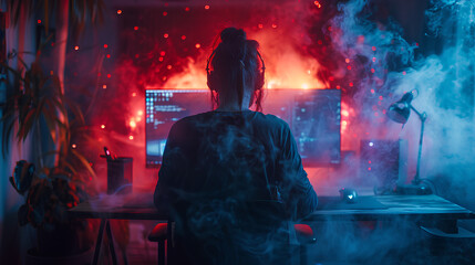 Obraz premium a man with a smoking head in front of his computer