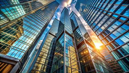 Fototapeta premium Modern skyscrapers reflect sunlight in a vibrant urban setting, showcasing glass facades and dynamic architecture against a dramatic sky.