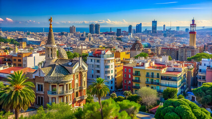 Obraz premium A vibrant cityscape view featuring modern skyscrapers, historic architecture, and lush greenery under a clear blue sky.