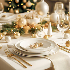 Elegant festive table setting with clean plates, polished cutlery, and charming Christmas decorations for a holiday celebration