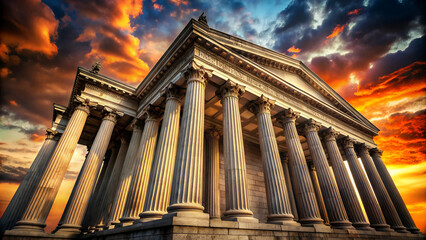 Obraz premium A majestic classical building with tall columns under a dramatic sky at sunset.
