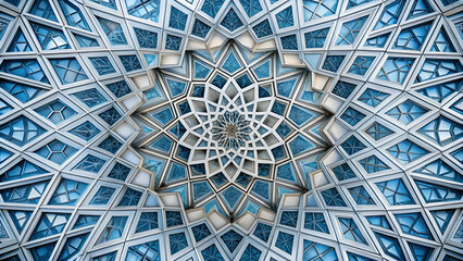 Intricate geometric pattern featuring blue tones, resembling a star-shaped design, perfect for architectural or artistic themes.