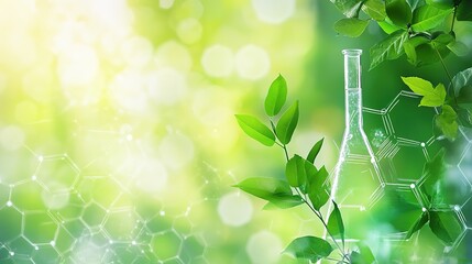 A scientific illustration featuring a lab flask surrounded by green leaves, symbolizing nature and eco-friendly research.