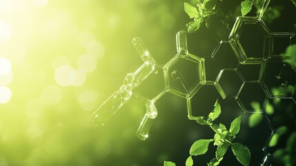 A close-up of green leaves intertwined with molecular structures, symbolizing the connection between nature and science.