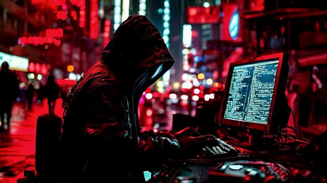 a hacker  using  a computer  in a dark city