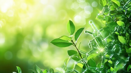 A vibrant image showcasing green leaves intertwined with molecular structures, symbolizing the connection between nature and science.