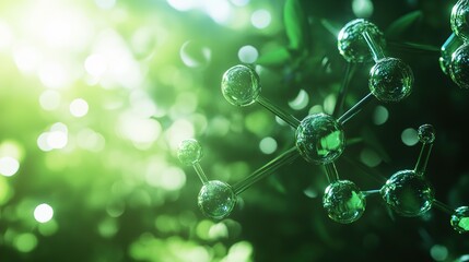 A close-up of molecular structures surrounded by lush greenery and sunlight, illustrating the connection between nature and science.