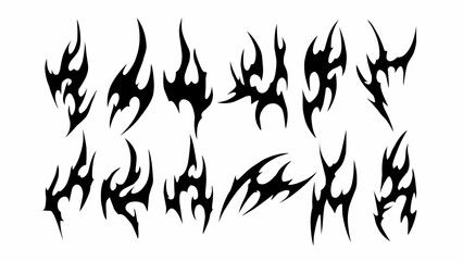 Set of tribal fire flames, curving lines and abstract shapes tribal of fire. Vector Black white