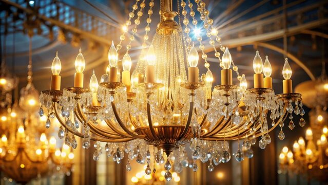 A sparkling crystal chandelier with ornate gold accents illuminates a room with warm, inviting light.