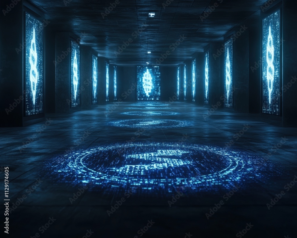 Aufkleber a futuristic corridor illuminated by blue lights, featuring intricate patterns on the floor and glow