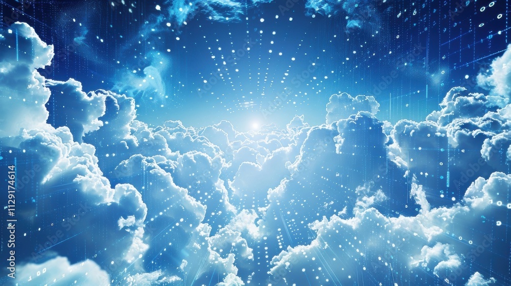 Poster binary code streams are flowing from celestial clouds during sunrise, creating a breathtaking specta
