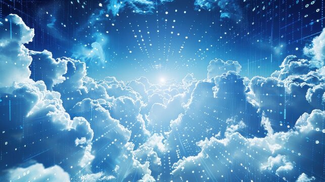 Binary code streams are flowing from celestial clouds during sunrise, creating a breathtaking spectacle of information exchange and technological advancement