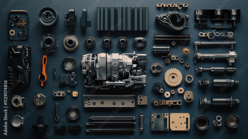 Aufkleber carefully organized layout of various car engine components showcasing pistons, gears, belts, and va